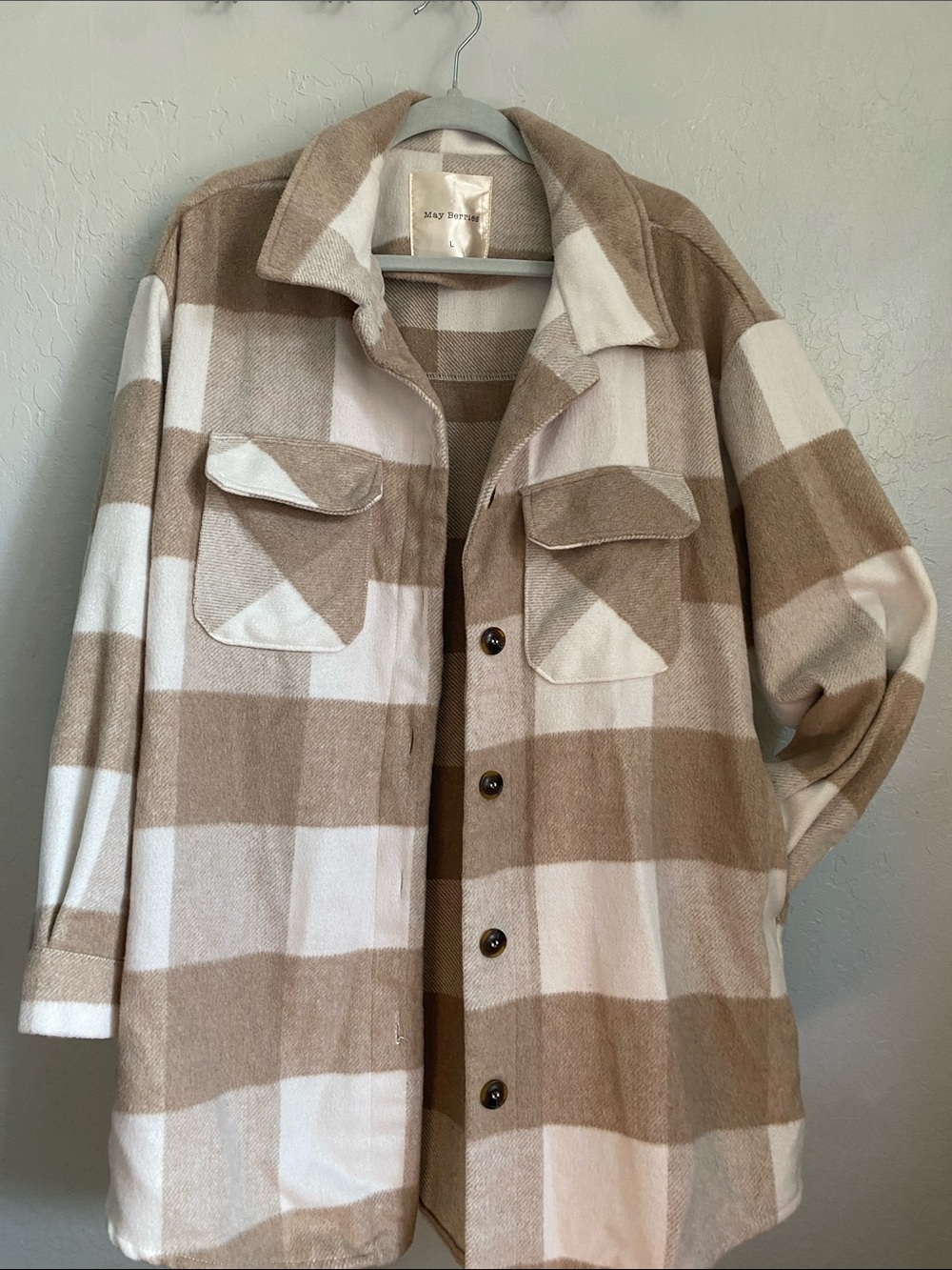 Beige & White Plaid Shacket Jacket